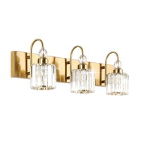 Ralbay Brass Gold Bathroom Vanity Lights 3-Lights Brass Gold Crystal Vanity Lights Over Mirror Modern Crystal Brass Gold Bathroom Vanity Lighting Fixtures