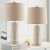 Roriano Set Of 2 Rustic Touch Ceramic Table Lamps For Living Room, 3 Way Dimmable With Dual Usb Ports Bedroom Nightstand Lamp, Linen Fabric Shade Bedside Accent Desk Lamps, Led Bulb Included