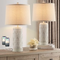 Roriano Set Of 2 Rustic Touch Ceramic Table Lamps For Living Room, 3 Way Dimmable With Dual Usb Ports Bedroom Nightstand Lamp, Linen Fabric Shade Bedside Accent Desk Lamps, Led Bulb Included