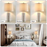 Roriano Set Of 2 Rustic Touch Ceramic Table Lamps For Living Room, 3 Way Dimmable With Dual Usb Ports Bedroom Nightstand Lamp, Linen Fabric Shade Bedside Accent Desk Lamps, Led Bulb Included