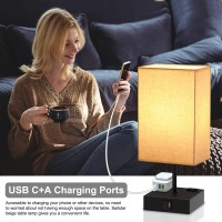 Sailstar Upgraded Table Lamp With Usb C+A Charging Ports & 2Ac Outlets, Beige Bedside Lamp For Bedroom, 3 Way Dimmable Touch Lamp, Small Space Nightstand Lamp For End Table, Bulb Included