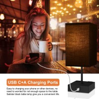 Sailstar Upgraded Bedside Lamps With Usb C+A Charging Ports & 2Ac Outlets, Black Table Lamp For Bedroom, 3 Way Dimmable Touch Lamp, Small Space Nightstand Lamp For End Table, Bulb Included