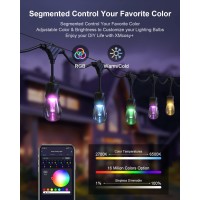 Xmcosy+ Patio Lights, 49Ft Smart Outdoor String Lights Rgbw, 15 Led Bulbs, App & Wifi Control, Works With Alexa, Ip65 Waterproof String Lights For Outside, Color Changing Outdoor Patio Lights