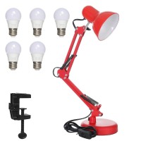 Gupuzm Led Desk Lamp With Clamp - Swing Arm Desk Lamp With 5 Led Cold Light Bulbs 6500K - Folding Table Lamp,Used For Office, Work, Study, Dormitory Reading And Eye Protection Desk Lamp (Red-5)