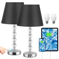 Acaxin Bedside Lamp For Bedroom Set Of 2 Crystal Bedside Table Lamps With Usb C Charging Ports, Touch Control Nightstand Lamp, Dimmable Black Bed Lamp For Girls For Living Guest Dinning Room