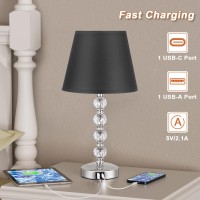 Acaxin Bedside Lamp For Bedroom Set Of 2 Crystal Bedside Table Lamps With Usb C Charging Ports, Touch Control Nightstand Lamp, Dimmable Black Bed Lamp For Girls For Living Guest Dinning Room