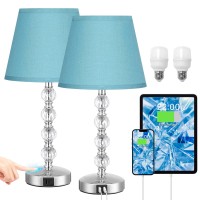 Bedside Lamp For Bedroom Set Of 2-Acaxin Crystal Silver Bedside Table Lamps With Usb C Charging Ports,Touch Control Nightstand Lamp,Dimmable Blue Bed Lamp For Boys&Girls For Living Guest Dinning Room