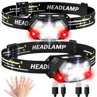 Lsnisni 9 Led Rechargeable Headlamp 2 Pack, 2000 Lumen Super Bright 10 Modes Motion Sensor Head Lamp With White Red Light, Waterproof Headlight Flashlight With Usb C Cable For Camping Hiking Fishing