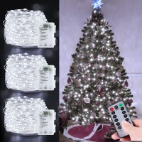 [ 3 Set & 8 Modes ] Christmas Fairy Lights With Timer, Total 240 Led, Remote,Cool White Battery Powered Copper Wire Fairy Lights, Christmas Decoration Yard Party Home Indoor Outdoor, 26 Ft 80 Led Each