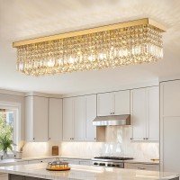 Siljoy 8Lights Rectangular Flush Mount Ceiling Light Gold Rectangle Modern Crystal Chandelier Farmhouse Close To Ceiling Raindr