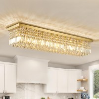 Siljoy Modern Crystal Ceiling Light Luxury Gold Rectangular Flush Mount Crystal Raindrop Chandelier 10 Lights Large Rectangle Pe