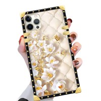 Yuning419 Iphone 13 Case A White Flower Iphone 13 Cases For Girls Womens Luxury Golden Decoration Square Soft Tpu Shockproof P