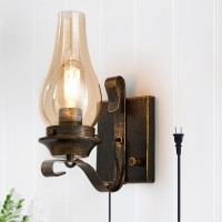 Yisuro Plug In Wall Sconce Oil Rubbed Bronze Wall Sconces Retro Rustic Wall Lamps Sconces Wall Lighting With Amber Glass Indoor