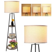 Floor Lamp, 3-Tier Round Corner Shelf Floor Lamp With 3 Dimmable Levels - Simple Standing Lamp With White Fabric Shade, Tall Modern Floor Lamps With Shelves For Bedroom, Living Room And Office