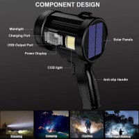 Lbe Rechargeable Spotlight, 900000 Lumens Solar Flashlight Led Spot Light Outdoor Handheld With Cob Light