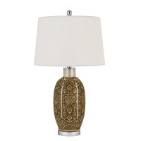 29 Inch Ceramic Table Lamp With Dimmer, Floral Base, Olive