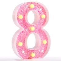 Pooqla Marquee Numbers Lights, Light Up Numbers Battery Powered, Glitter Lighted Numbers For Birthday Party, Shiny Led Numbers For Christmas Wedding Home Bar Decoration, Pink Number 8