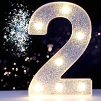 Pooqla Marquee Numbers Lights, Light Up Silver Numbers, Glitter Numbers Night Light Battery Powered For Christmas Wedding Home Bar Birthday Party Decoration, Silver Number 2