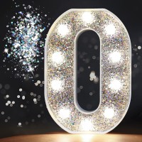 Pooqla Marquee Numbers Lights, Light Up Silver Numbers, Glitter Numbers Night Light Battery Powered For Christmas Wedding Home Bar Birthday Party Decoration, Silver Number 0