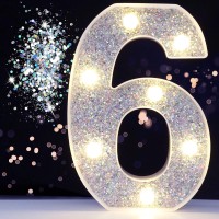 Pooqla Marquee Numbers Lights, Light Up Silver Numbers, Glitter Numbers Night Light Battery Powered For Christmas Wedding Home Bar Birthday Party Decoration, Silver Number 6