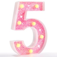 Pooqla Marquee Numbers Lights, Light Up Numbers Battery Powered, Glitter Lighted Numbers For Birthday Party, Shiny Led Numbers For Christmas Wedding Home Bar Decoration, Pink Number 5