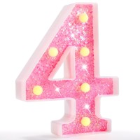 Pooqla Marquee Numbers Lights, Light Up Numbers Battery Powered, Glitter Lighted Numbers For Birthday Party, Shiny Led Numbers For Christmas Wedding Home Bar Decoration, Pink Number 4