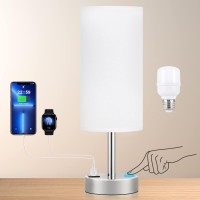 White Touch Bedside Table Lamps - Small Bedroom Lamps With Usb-C And Usb Charging Ports, 3 Way Dimmable Control Nightstand Lamp For Living Room, Office, Dorm, Reading With Fabric Shade Silver Base