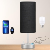 Black Touch Bedroom Table Lamps - Nightstand Lamp With Usb-C And Usb Charging Ports, 3 Way Dimmable Control Small Bedside Lamp With Fabric Shade Silver Base For Living Room, Office, Reading