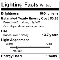 Satco S21364 Led Bulb, 3000K, 120V, 90 Cri, 8W, Medium Base, E26, 800 Lumens, Dimmable, 15000 Hours Rated