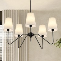 Fiyueoyi 5Light Modern Chandeliers Pendant Lights Fixture With Linen Beige Fabric Shade For Living Room Dining Room Bedroom Ha