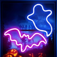 2 Pack Halloween Decoration Leds Neon Sign Light Ghost Neon Sign Bat Lights Neon Sign Hanging Neon Sign For Halloween Party Deco