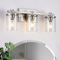 3 Light Bathroom Vanity Light , Brushed Nickel Vanity Lights Over Mirror,Brushed Nickel Copper Accent Socket, Bathroom Light Fixtures With Clear Glass Shade, Brushed Nickel Vanity Lights For Bathroom