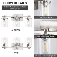 3 Light Bathroom Vanity Light , Brushed Nickel Vanity Lights Over Mirror,Brushed Nickel Copper Accent Socket, Bathroom Light Fixtures With Clear Glass Shade, Brushed Nickel Vanity Lights For Bathroom