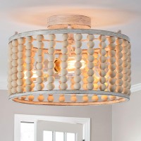 Tewei Wood Beaded Boho Chandelier Light Fixture, Semi Flush Mount Ceiling Light 3-Light Rustic Nursery Close To Ceiling Light For Bedroom Kitchen, Living Room, Oak White, E26 Base