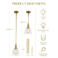 Hanass Pendant Lights, Brushed Gold Pendant Lighting For Kitchen Island, Clear Glass Pendant Light Fixtures, Hanging Light Fixtures With Adjustable Height, Md89426-A