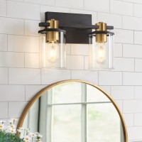 Atocif 2 Light Bathroom Vanity Light Fixtures, Black And Gold Vanity Light Above Mirror With Clear Glass Shade, Modern Wall Sconce Black With Bronze Vintage