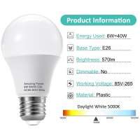 Amazing Power E26 Led Bulb, 40W Equivalent Medium Base Light Bulb, Non-Dimmable, Daylight White 5000K, 6W Bright White Led Bulbs For Home Lighting Lamp, 4-Pack