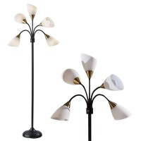 Adesso 7205-01 Multi-White Shade Floor Lamp, Adjustable Gooseneck Arms, Black W. Antique Brass Accents