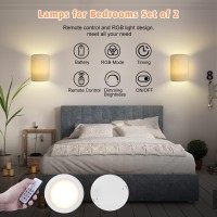 Pesuten Wall Sconce Lighting Decor, Battery Rechargeable Wall Sconce Set Of 2 With Fabric Shade Remote Control, 16 Rgb Colors Changeable Dimmable Wall Lamp Fixtures For Bedroom Living Room Hallway