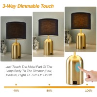 3-Way Dimmable Table Lamp For Living Room,Touch Control Modern Bedside Lamps With 2 Usb Ports Nightstand Lamp With Black Shade And Gold Base For Bedroom Reading Room Hotel Office Led Bulbs Included