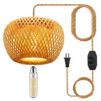 Yiizon Plug In Pendant Light Fixture With Hand Woven Bamboo Lamp Shade Dimmer Switch Hanging Lights With Plug In Cord Boho Wicker Rattan Hanging Lamp For Living Dinning Room Bedroom Kitchen Island