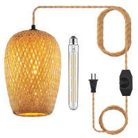 Yiizon Plug In Pendant Light Handwoven Bamboo Pendant Lamp Boho Modern Wicker Hanging Lights Rustic Country Natural Basket Hangi