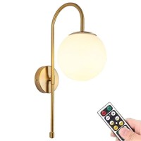 Kefa No Wire Modern Gold Battery Operated Wall Sconce, Industrial Mid Century Bathroom Vanity Wall Light With White Globe Shade, Brass Wall Lamp For Living Room Bedroom Bedside Loft Wall Decor