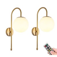 Kefa No Wire Modern Gold Battery Operated Wall Sconce, Industrial Mid Century Bathroom Vanity Wall Light With White Globe Shade, Brass Wall Lamp For Living Room Bedroom Bedside Loft Wall Decor