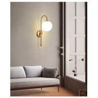 Kefa No Wire Modern Gold Battery Operated Wall Sconce, Industrial Mid Century Bathroom Vanity Wall Light With White Globe Shade, Brass Wall Lamp For Living Room Bedroom Bedside Loft Wall Decor