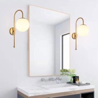 Kefa No Wire Modern Gold Battery Operated Wall Sconce, Industrial Mid Century Bathroom Vanity Wall Light With White Globe Shade, Brass Wall Lamp For Living Room Bedroom Bedside Loft Wall Decor