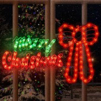 Justpro 2 Pack Christmas Window Silhouette Lights Decorations, Lighted Merry Christmas Sign And Bow Christmas Window Lights For Holiday Indoor Wall Door Glass Decorations