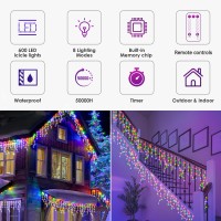 Yilinm Icicle Christmas Lights, Outdoor String Lights 50Ft 600Leds Multicolor 8Mode Remote Waterproof For House Outside Indoor Yard Patio Eave Decorations