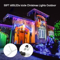 Yilinm Icicle Christmas Lights, Outdoor String Lights 50Ft 600Leds Multicolor 8Mode Remote Waterproof For House Outside Indoor Yard Patio Eave Decorations