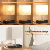 Bedside Lamps For Bedroom Set Of 2, Kakanuo Fully Dimmable Small Beige Nightstand Lamps With Usb C Ports And 2 Charging Outlets, Wooden Table Lamp With Phone Stands For Living Room, Led Bulbs Included